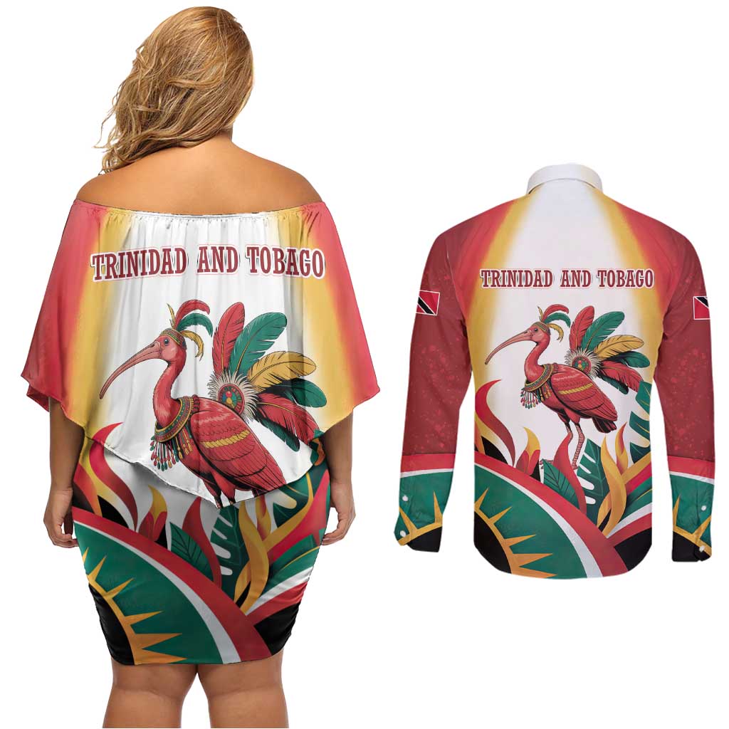 Trinidad and Tobago Scarlet Ibis Couples Matching Off Shoulder Short Dress and Long Sleeve Button Shirt with Tropical Leaves and National Flag Design TS04