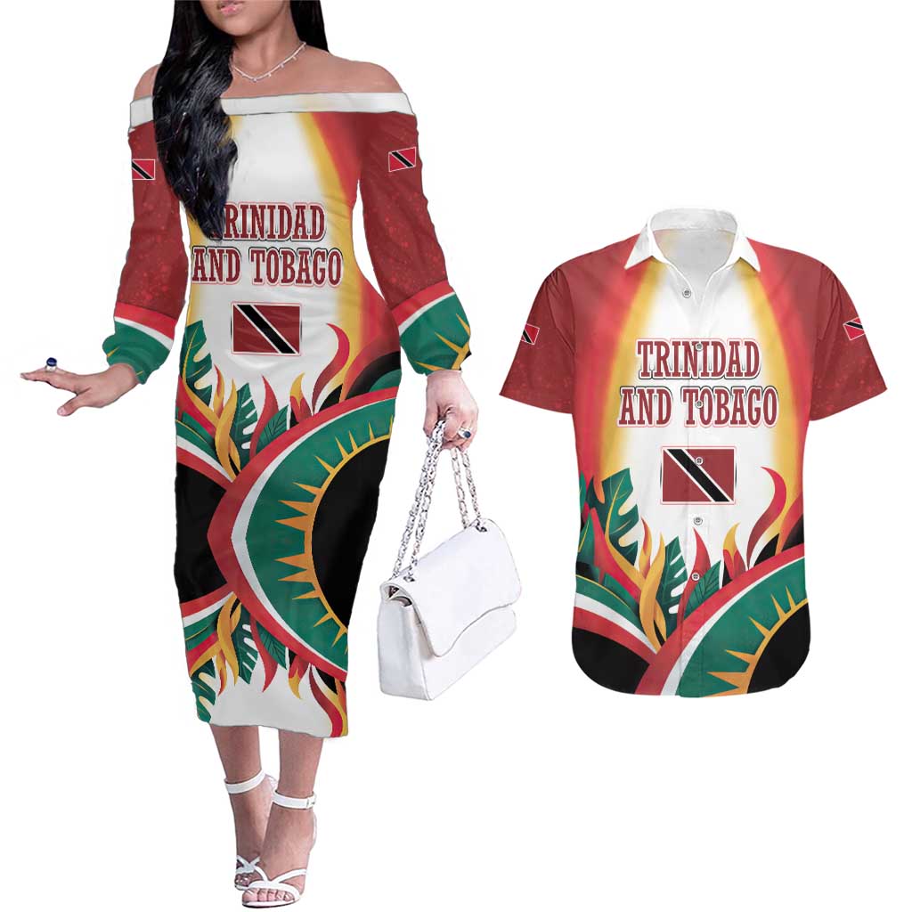 Trinidad and Tobago Scarlet Ibis Couples Matching Off The Shoulder Long Sleeve Dress and Hawaiian Shirt with Tropical Leaves and National Flag Design TS04