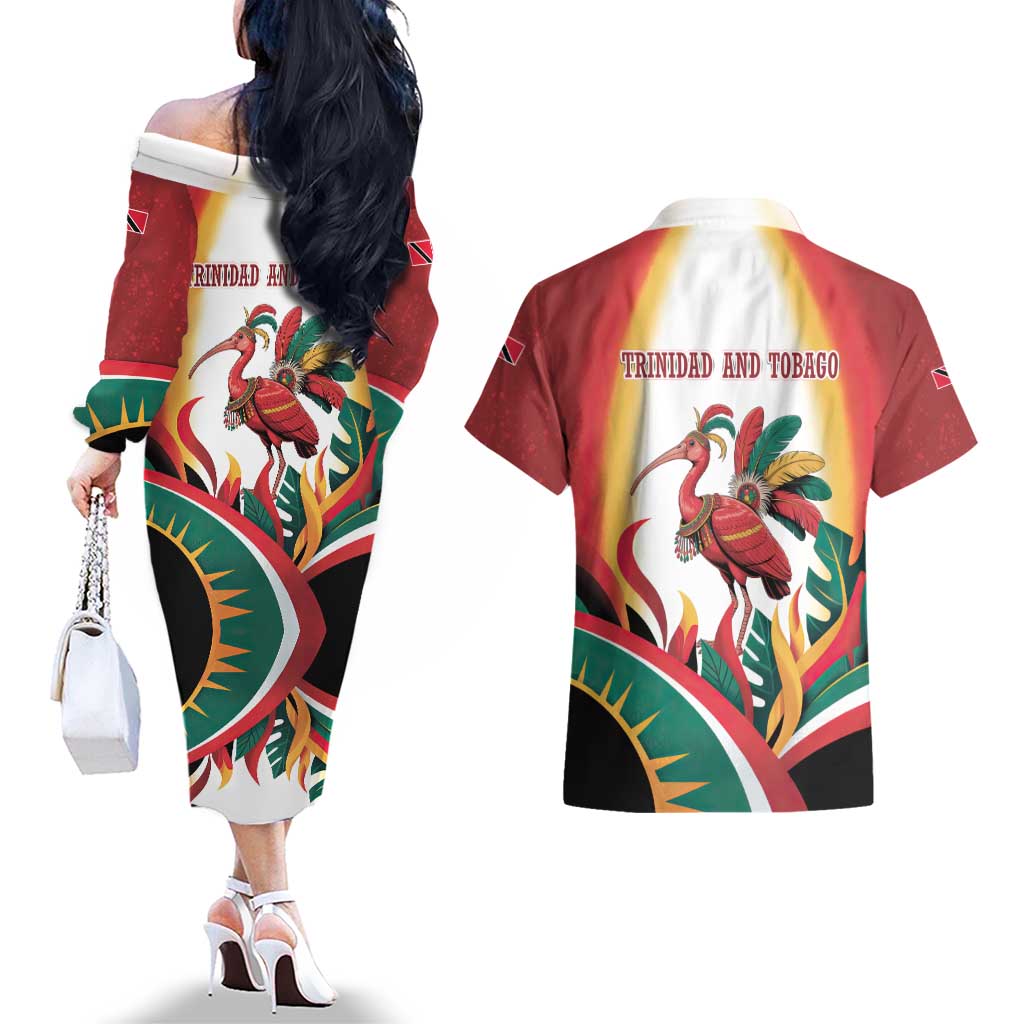 Trinidad and Tobago Scarlet Ibis Couples Matching Off The Shoulder Long Sleeve Dress and Hawaiian Shirt with Tropical Leaves and National Flag Design TS04