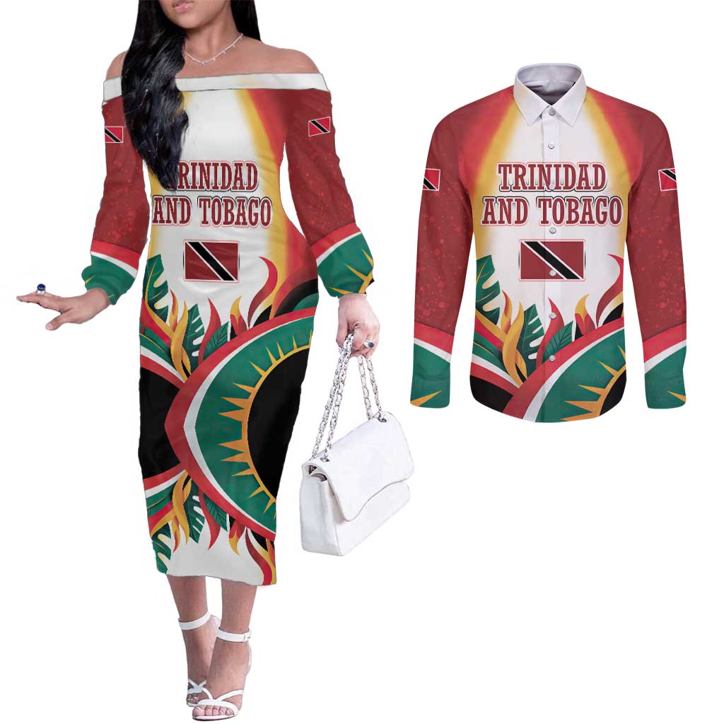 Trinidad and Tobago Scarlet Ibis Couples Matching Off The Shoulder Long Sleeve Dress and Long Sleeve Button Shirt with Tropical Leaves and National Flag Design TS04