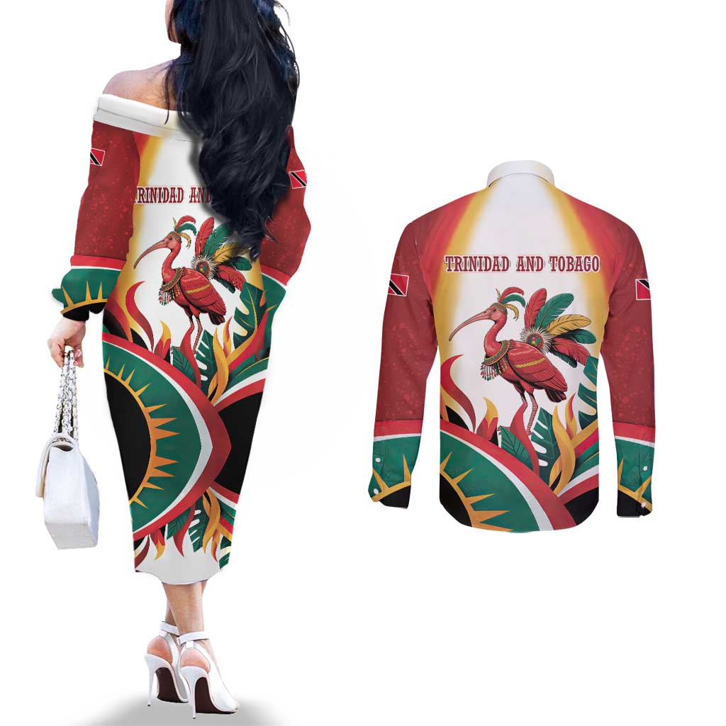 Trinidad and Tobago Scarlet Ibis Couples Matching Off The Shoulder Long Sleeve Dress and Long Sleeve Button Shirt with Tropical Leaves and National Flag Design TS04