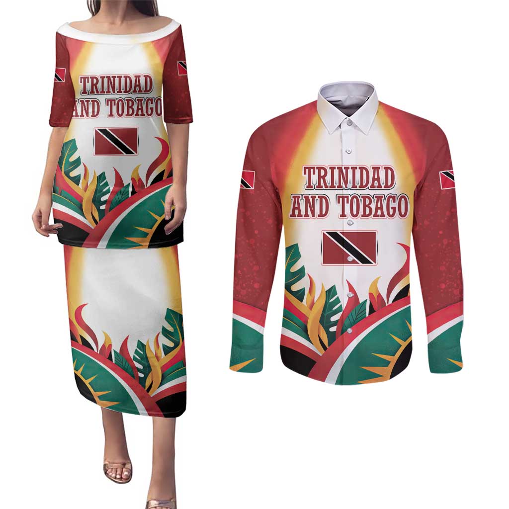 Trinidad and Tobago Scarlet Ibis Couples Matching Puletasi and Long Sleeve Button Shirt with Tropical Leaves and National Flag Design TS04