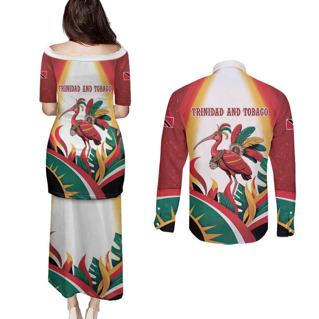 Trinidad and Tobago Scarlet Ibis Couples Matching Puletasi and Long Sleeve Button Shirt with Tropical Leaves and National Flag Design TS04