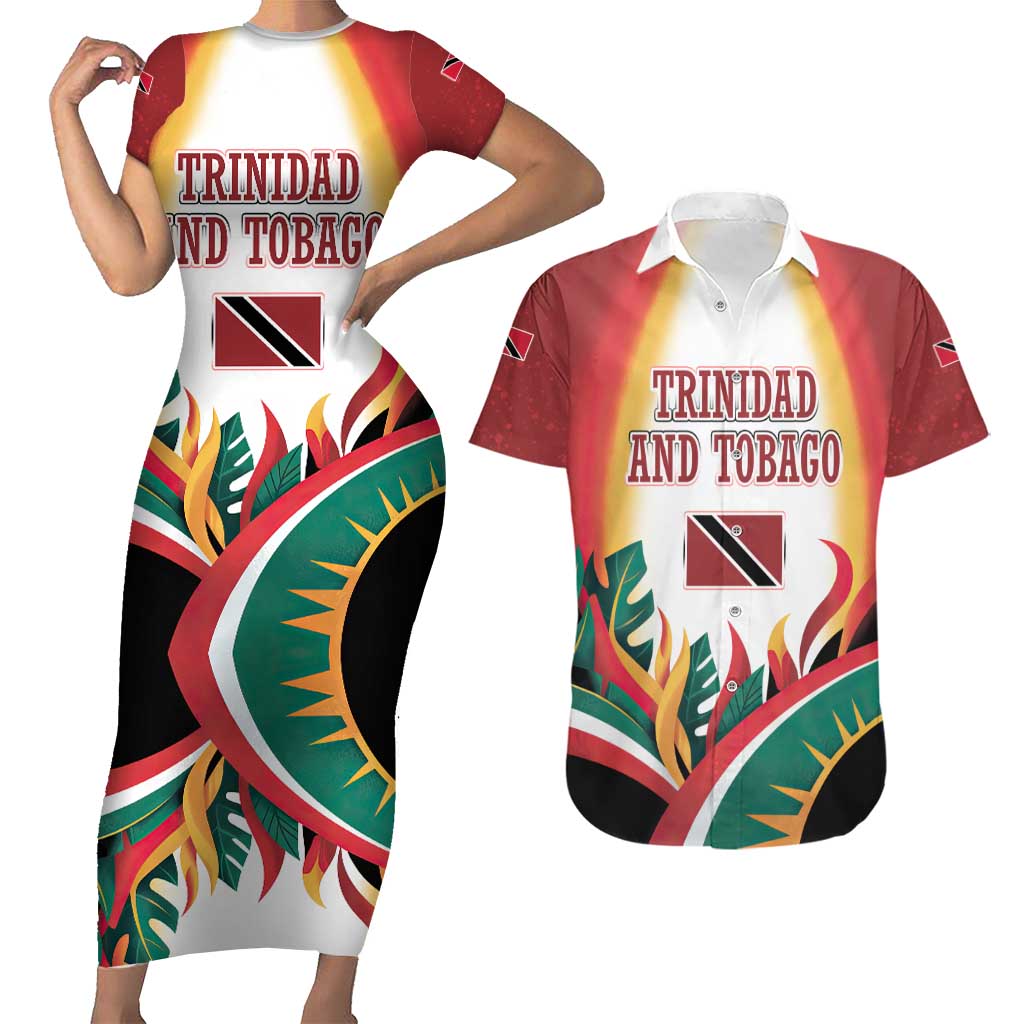 Trinidad and Tobago Scarlet Ibis Couples Matching Short Sleeve Bodycon Dress and Hawaiian Shirt with Tropical Leaves and National Flag Design TS04