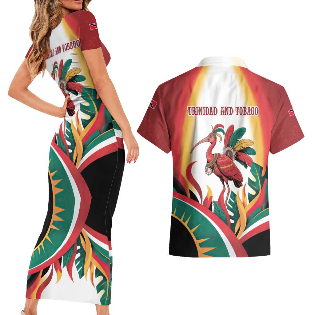 Trinidad and Tobago Scarlet Ibis Couples Matching Short Sleeve Bodycon Dress and Hawaiian Shirt with Tropical Leaves and National Flag Design TS04