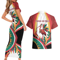 Trinidad and Tobago Scarlet Ibis Couples Matching Short Sleeve Bodycon Dress and Hawaiian Shirt with Tropical Leaves and National Flag Design TS04