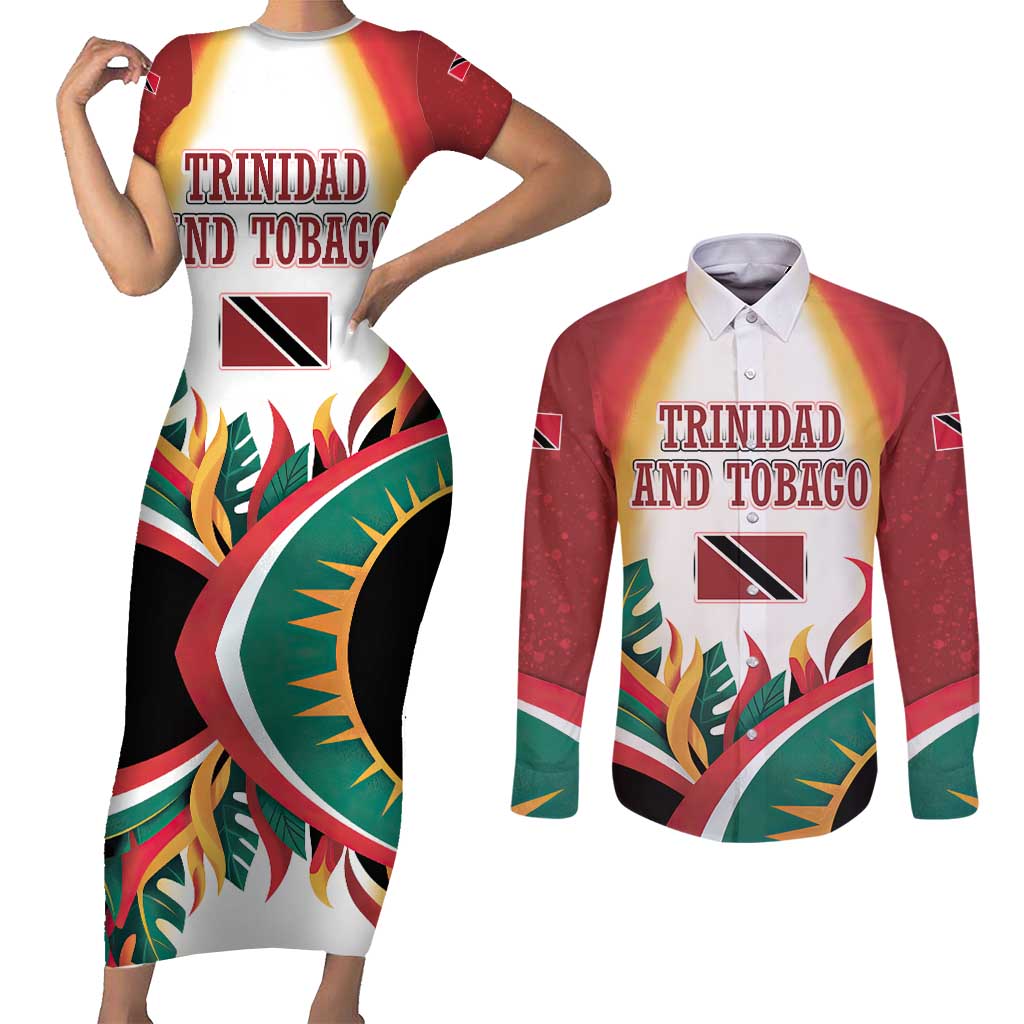 Trinidad and Tobago Scarlet Ibis Couples Matching Short Sleeve Bodycon Dress and Long Sleeve Button Shirt with Tropical Leaves and National Flag Design TS04