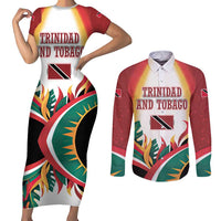 Trinidad and Tobago Scarlet Ibis Couples Matching Short Sleeve Bodycon Dress and Long Sleeve Button Shirt with Tropical Leaves and National Flag Design TS04