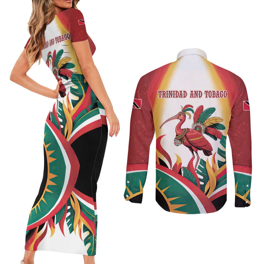Trinidad and Tobago Scarlet Ibis Couples Matching Short Sleeve Bodycon Dress and Long Sleeve Button Shirt with Tropical Leaves and National Flag Design TS04