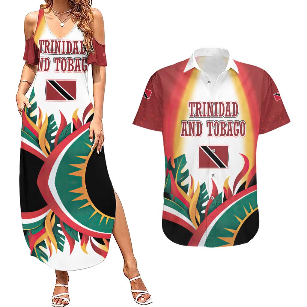 Trinidad and Tobago Scarlet Ibis Couples Matching Summer Maxi Dress and Hawaiian Shirt with Tropical Leaves and National Flag Design TS04