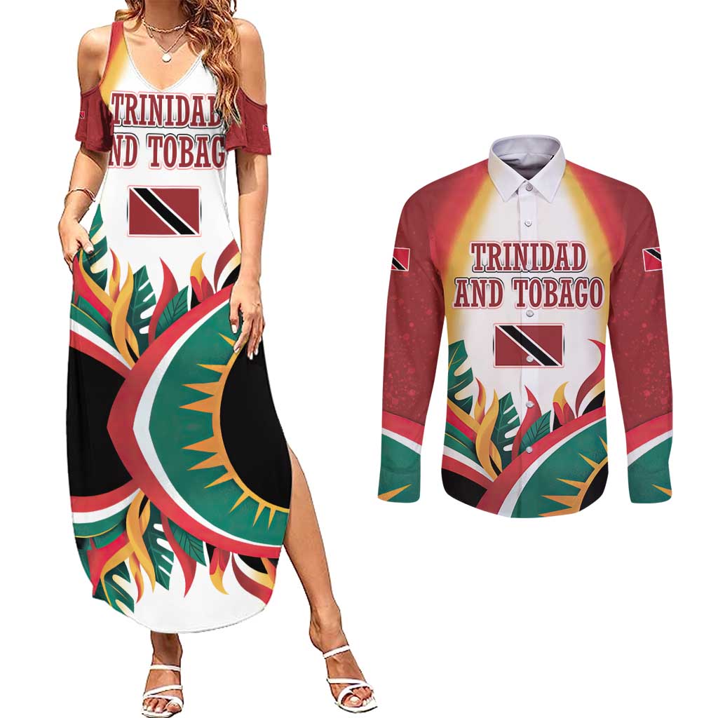 Trinidad and Tobago Scarlet Ibis Couples Matching Summer Maxi Dress and Long Sleeve Button Shirt with Tropical Leaves and National Flag Design TS04