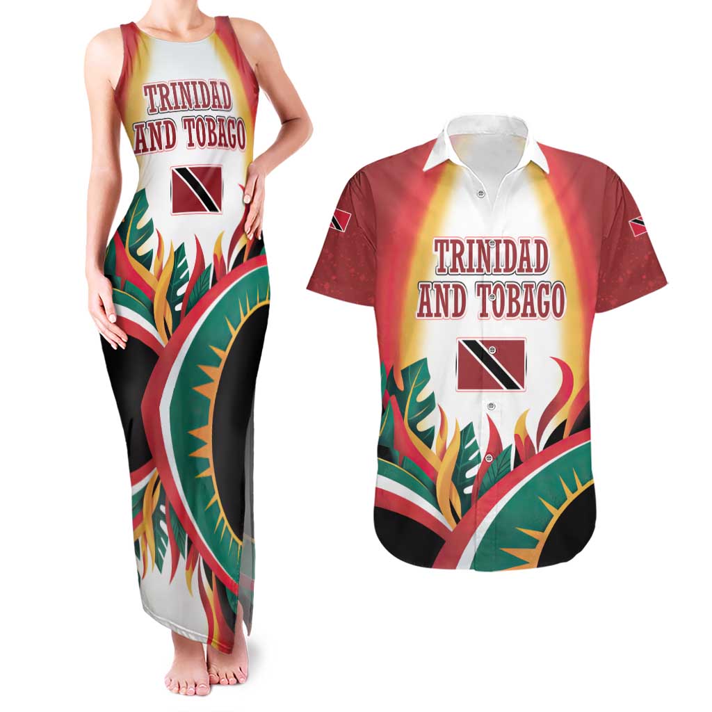 Trinidad and Tobago Scarlet Ibis Couples Matching Tank Maxi Dress and Hawaiian Shirt with Tropical Leaves and National Flag Design TS04