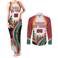 Trinidad and Tobago Scarlet Ibis Couples Matching Tank Maxi Dress and Long Sleeve Button Shirt with Tropical Leaves and National Flag Design TS04