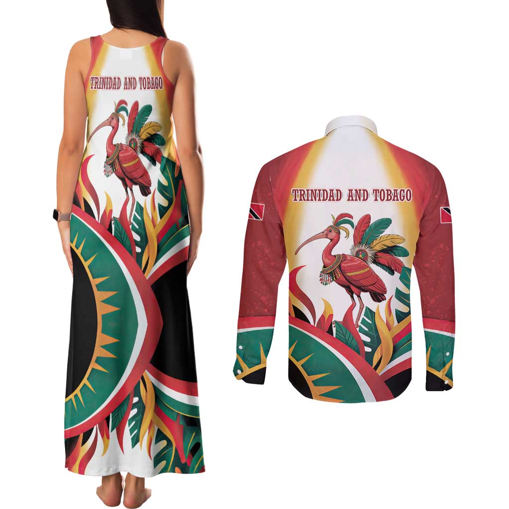 Trinidad and Tobago Scarlet Ibis Couples Matching Tank Maxi Dress and Long Sleeve Button Shirt with Tropical Leaves and National Flag Design TS04