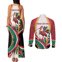 Trinidad and Tobago Scarlet Ibis Couples Matching Tank Maxi Dress and Long Sleeve Button Shirt with Tropical Leaves and National Flag Design TS04