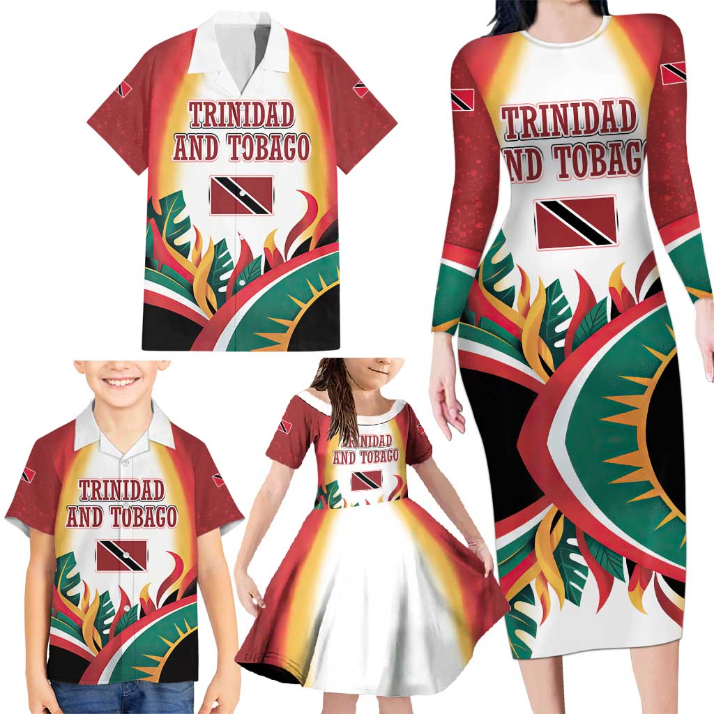 Trinidad and Tobago Scarlet Ibis Family Matching Long Sleeve Bodycon Dress and Hawaiian Shirt with Tropical Leaves and National Flag Design TS04