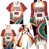 Trinidad and Tobago Scarlet Ibis Family Matching Long Sleeve Bodycon Dress and Hawaiian Shirt with Tropical Leaves and National Flag Design TS04