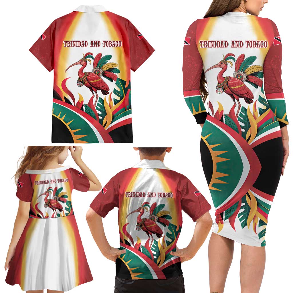 Trinidad and Tobago Scarlet Ibis Family Matching Long Sleeve Bodycon Dress and Hawaiian Shirt with Tropical Leaves and National Flag Design TS04