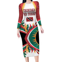 Trinidad and Tobago Scarlet Ibis Family Matching Long Sleeve Bodycon Dress and Hawaiian Shirt with Tropical Leaves and National Flag Design TS04