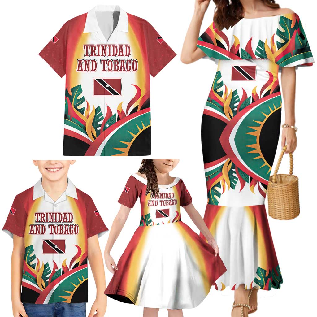Trinidad and Tobago Scarlet Ibis Family Matching Mermaid Dress and Hawaiian Shirt with Tropical Leaves and National Flag Design TS04