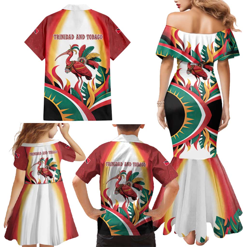 Trinidad and Tobago Scarlet Ibis Family Matching Mermaid Dress and Hawaiian Shirt with Tropical Leaves and National Flag Design TS04