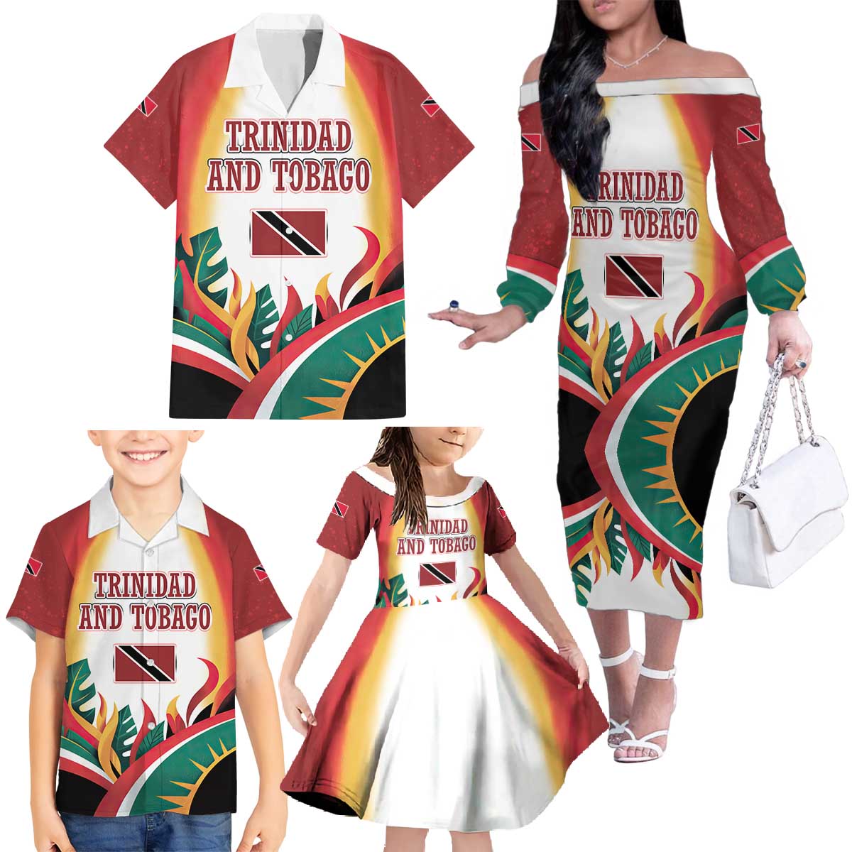 Trinidad and Tobago Scarlet Ibis Family Matching Off The Shoulder Long Sleeve Dress and Hawaiian Shirt with Tropical Leaves and National Flag Design TS04