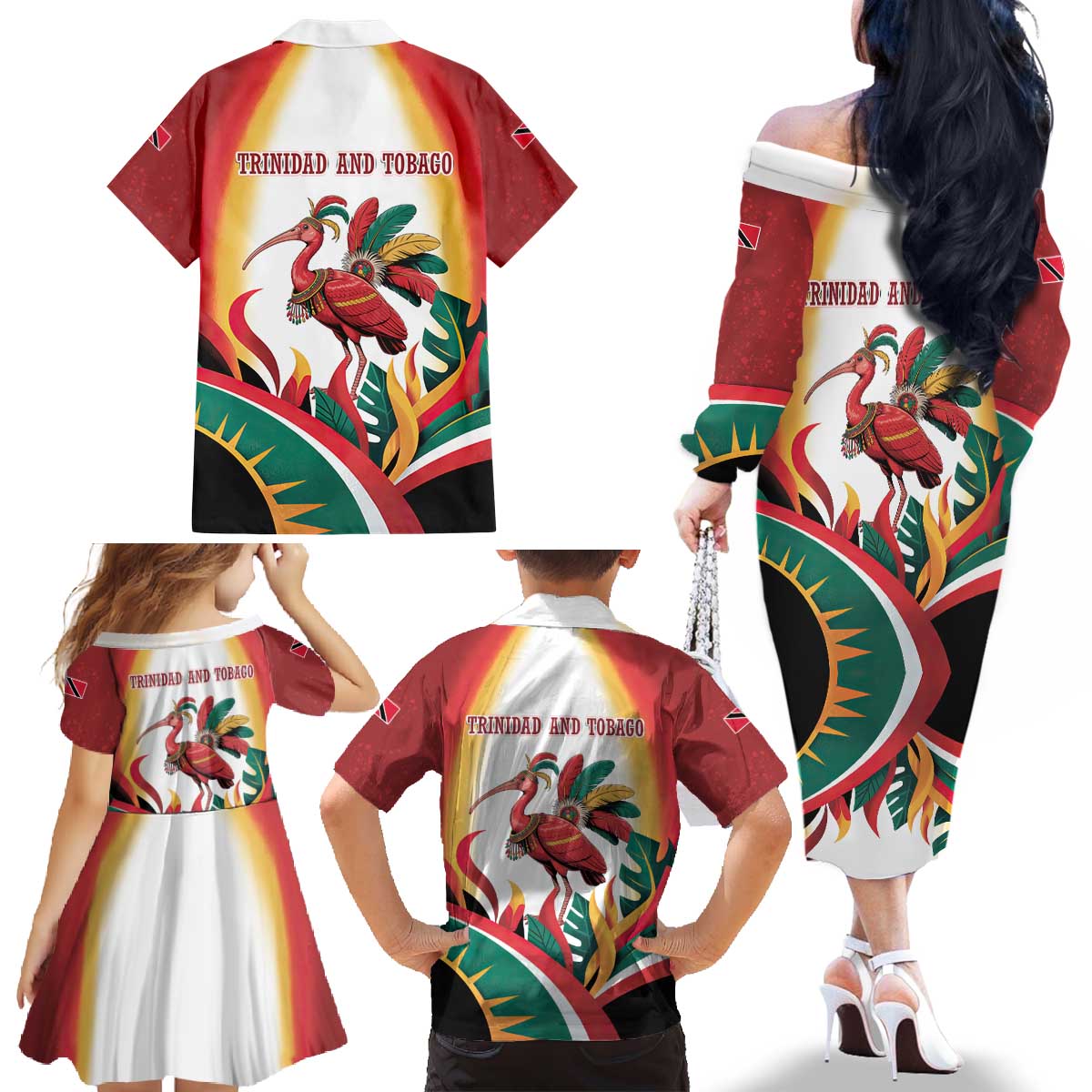 Trinidad and Tobago Scarlet Ibis Family Matching Off The Shoulder Long Sleeve Dress and Hawaiian Shirt with Tropical Leaves and National Flag Design TS04