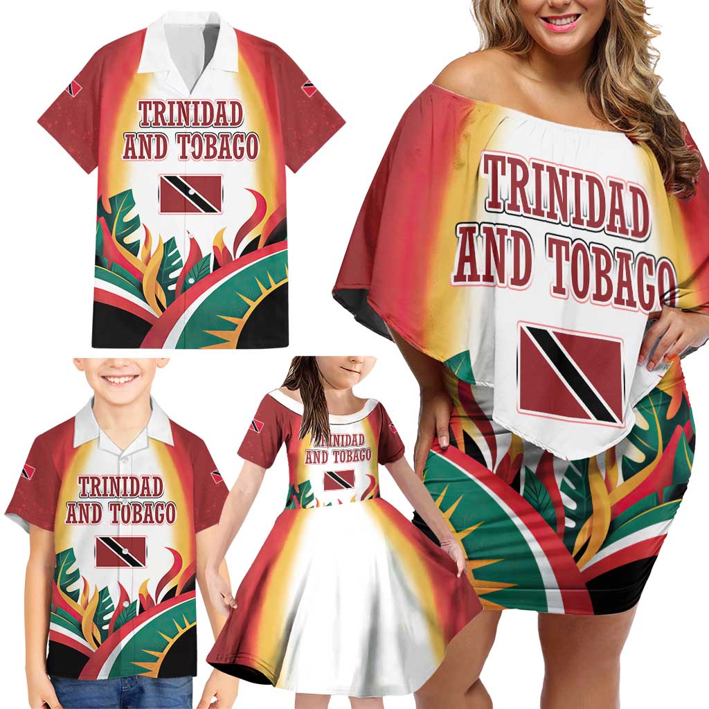 Trinidad and Tobago Scarlet Ibis Family Matching Off Shoulder Short Dress and Hawaiian Shirt with Tropical Leaves and National Flag Design TS04