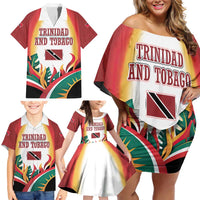 Trinidad and Tobago Scarlet Ibis Family Matching Off Shoulder Short Dress and Hawaiian Shirt with Tropical Leaves and National Flag Design TS04