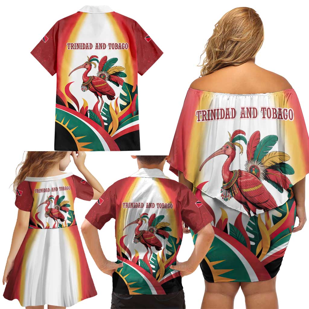 Trinidad and Tobago Scarlet Ibis Family Matching Off Shoulder Short Dress and Hawaiian Shirt with Tropical Leaves and National Flag Design TS04
