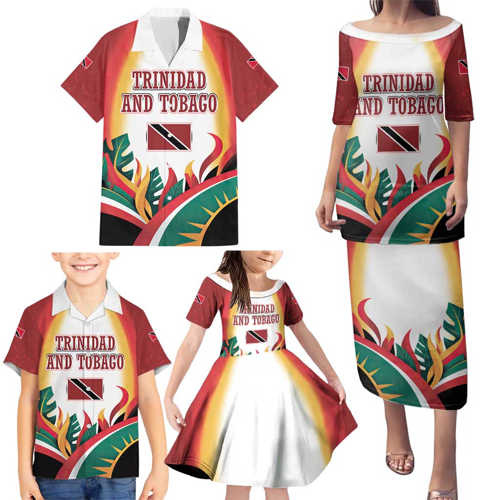 Trinidad and Tobago Scarlet Ibis Family Matching Puletasi and Hawaiian Shirt with Tropical Leaves and National Flag Design TS04