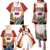 Trinidad and Tobago Scarlet Ibis Family Matching Puletasi and Hawaiian Shirt with Tropical Leaves and National Flag Design TS04