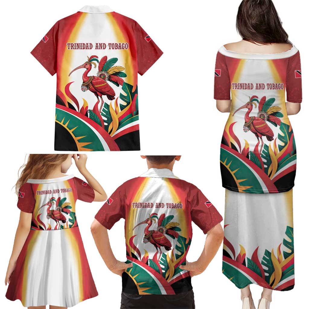 Trinidad and Tobago Scarlet Ibis Family Matching Puletasi and Hawaiian Shirt with Tropical Leaves and National Flag Design TS04