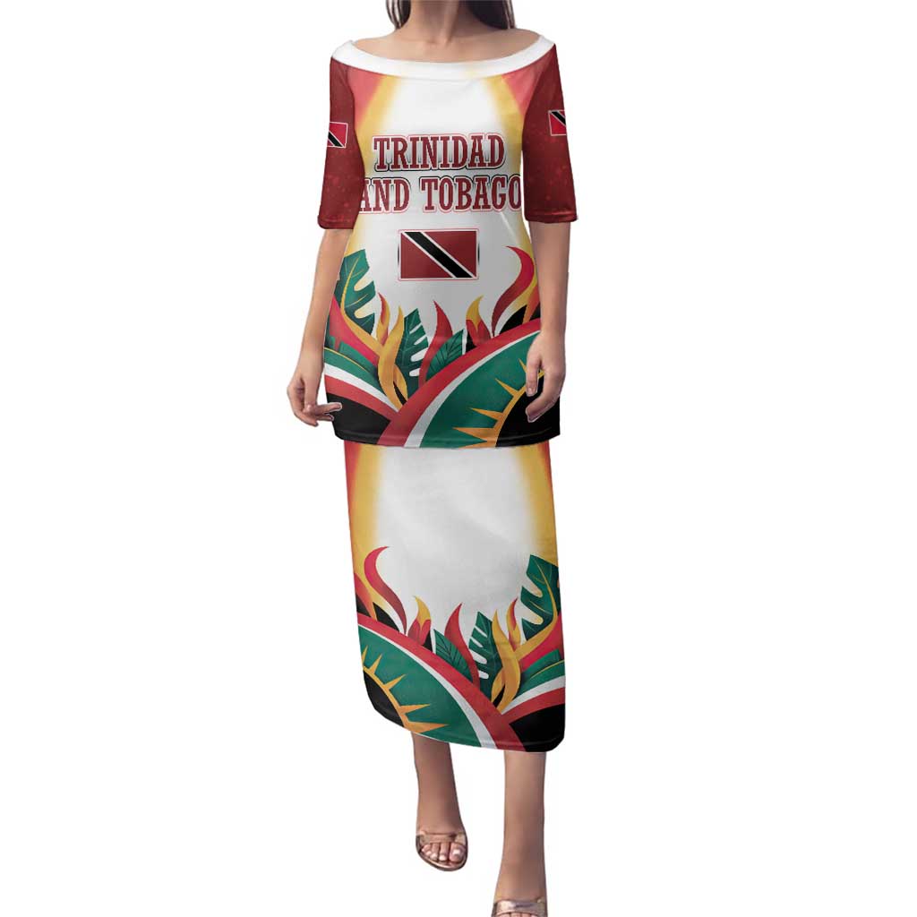 Trinidad and Tobago Scarlet Ibis Family Matching Puletasi and Hawaiian Shirt with Tropical Leaves and National Flag Design TS04