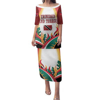 Trinidad and Tobago Scarlet Ibis Family Matching Puletasi and Hawaiian Shirt with Tropical Leaves and National Flag Design TS04