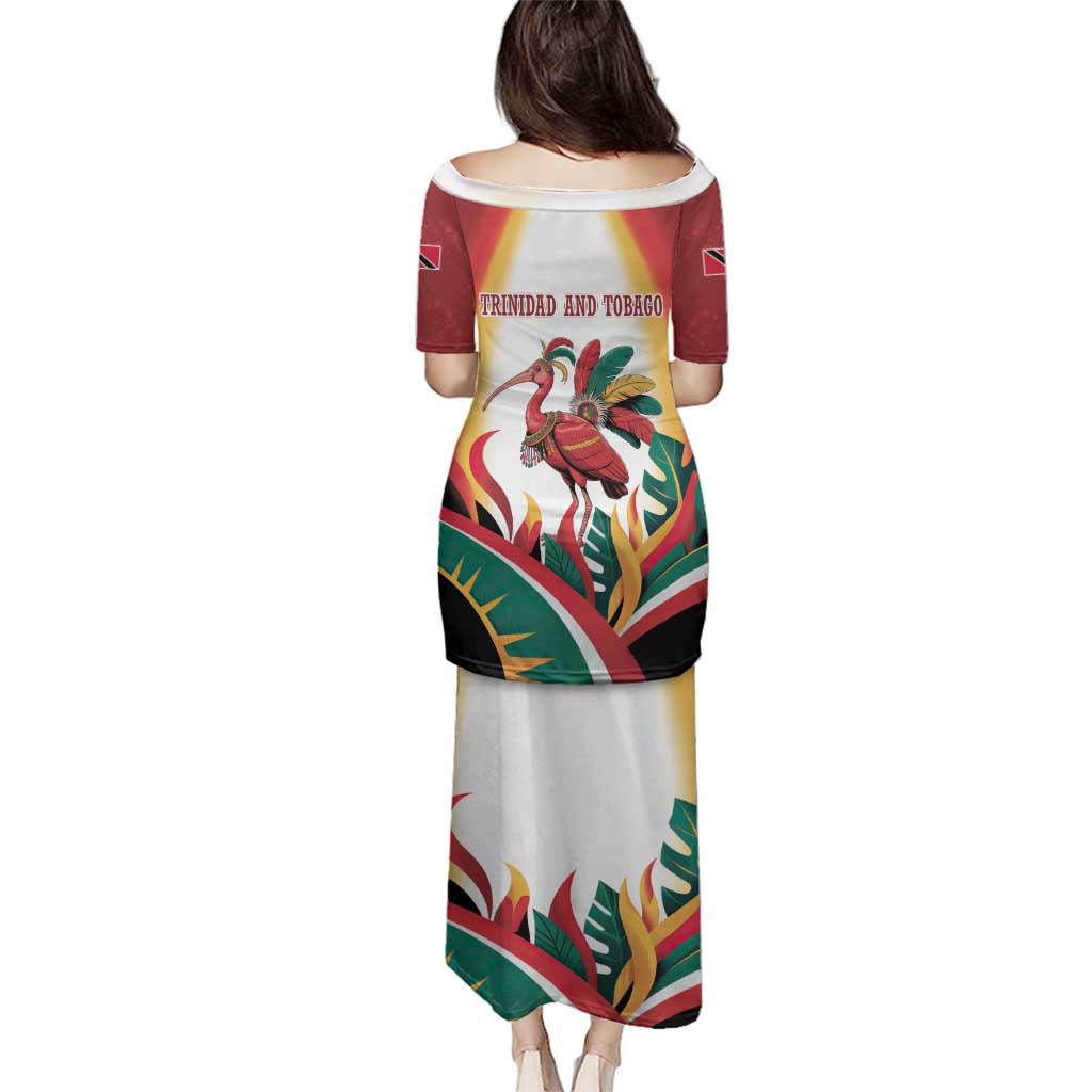Trinidad and Tobago Scarlet Ibis Family Matching Puletasi and Hawaiian Shirt with Tropical Leaves and National Flag Design TS04