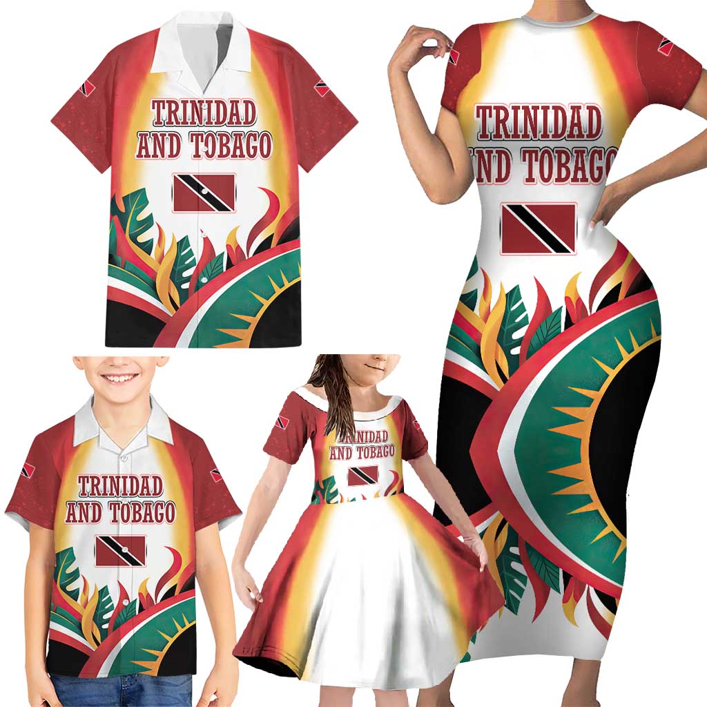 Trinidad and Tobago Scarlet Ibis Family Matching Short Sleeve Bodycon Dress and Hawaiian Shirt with Tropical Leaves and National Flag Design TS04
