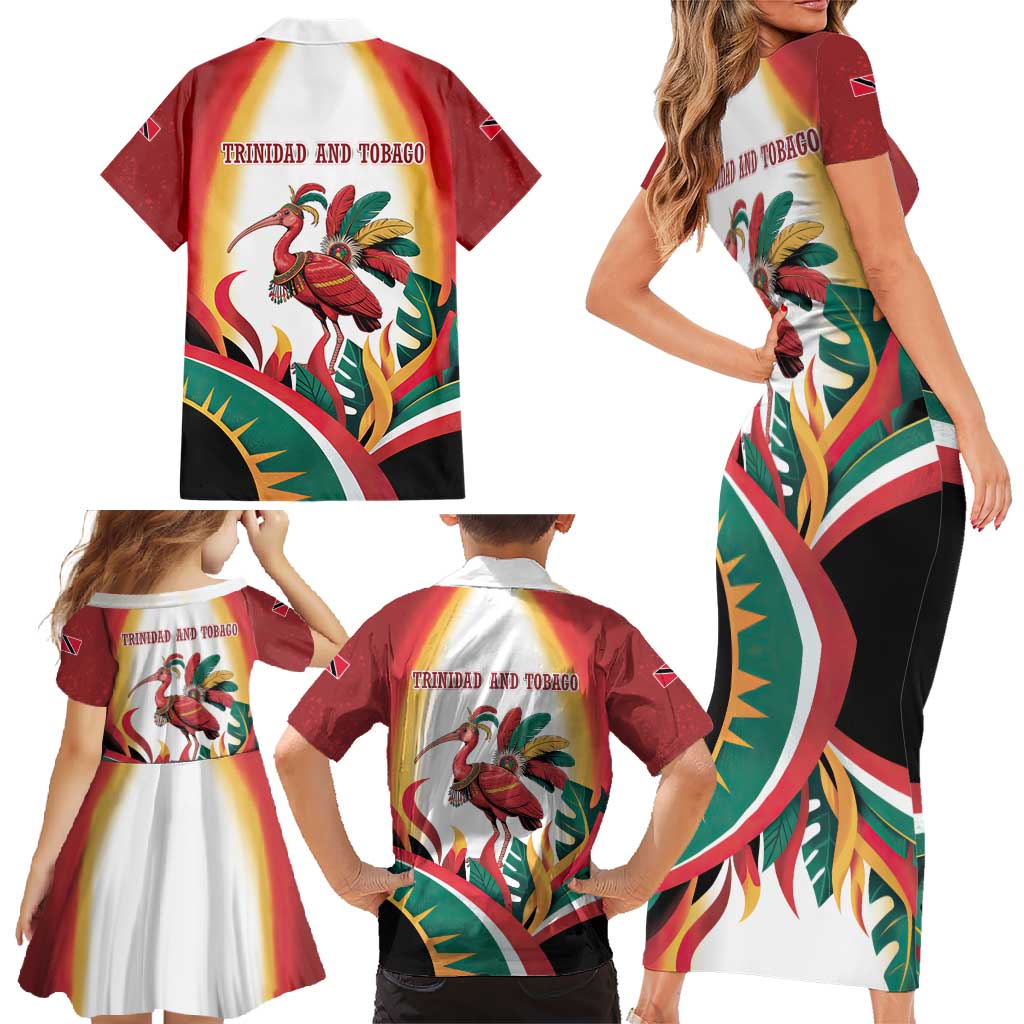 Trinidad and Tobago Scarlet Ibis Family Matching Short Sleeve Bodycon Dress and Hawaiian Shirt with Tropical Leaves and National Flag Design TS04