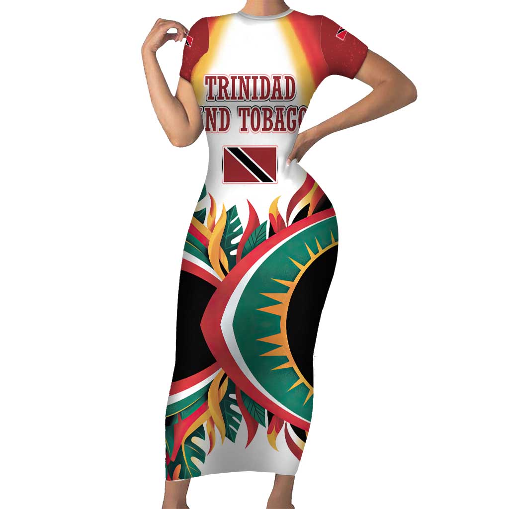 Trinidad and Tobago Scarlet Ibis Family Matching Short Sleeve Bodycon Dress and Hawaiian Shirt with Tropical Leaves and National Flag Design TS04