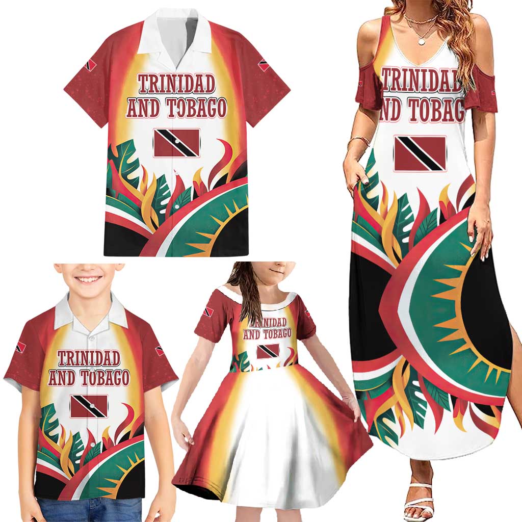 Trinidad and Tobago Scarlet Ibis Family Matching Summer Maxi Dress and Hawaiian Shirt with Tropical Leaves and National Flag Design TS04