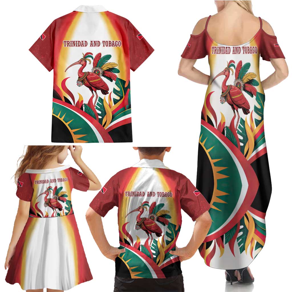 Trinidad and Tobago Scarlet Ibis Family Matching Summer Maxi Dress and Hawaiian Shirt with Tropical Leaves and National Flag Design TS04