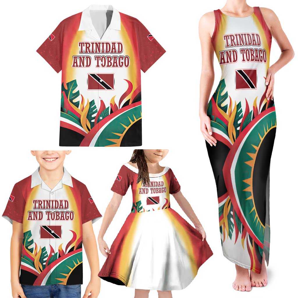 Trinidad and Tobago Scarlet Ibis Family Matching Tank Maxi Dress and Hawaiian Shirt with Tropical Leaves and National Flag Design TS04