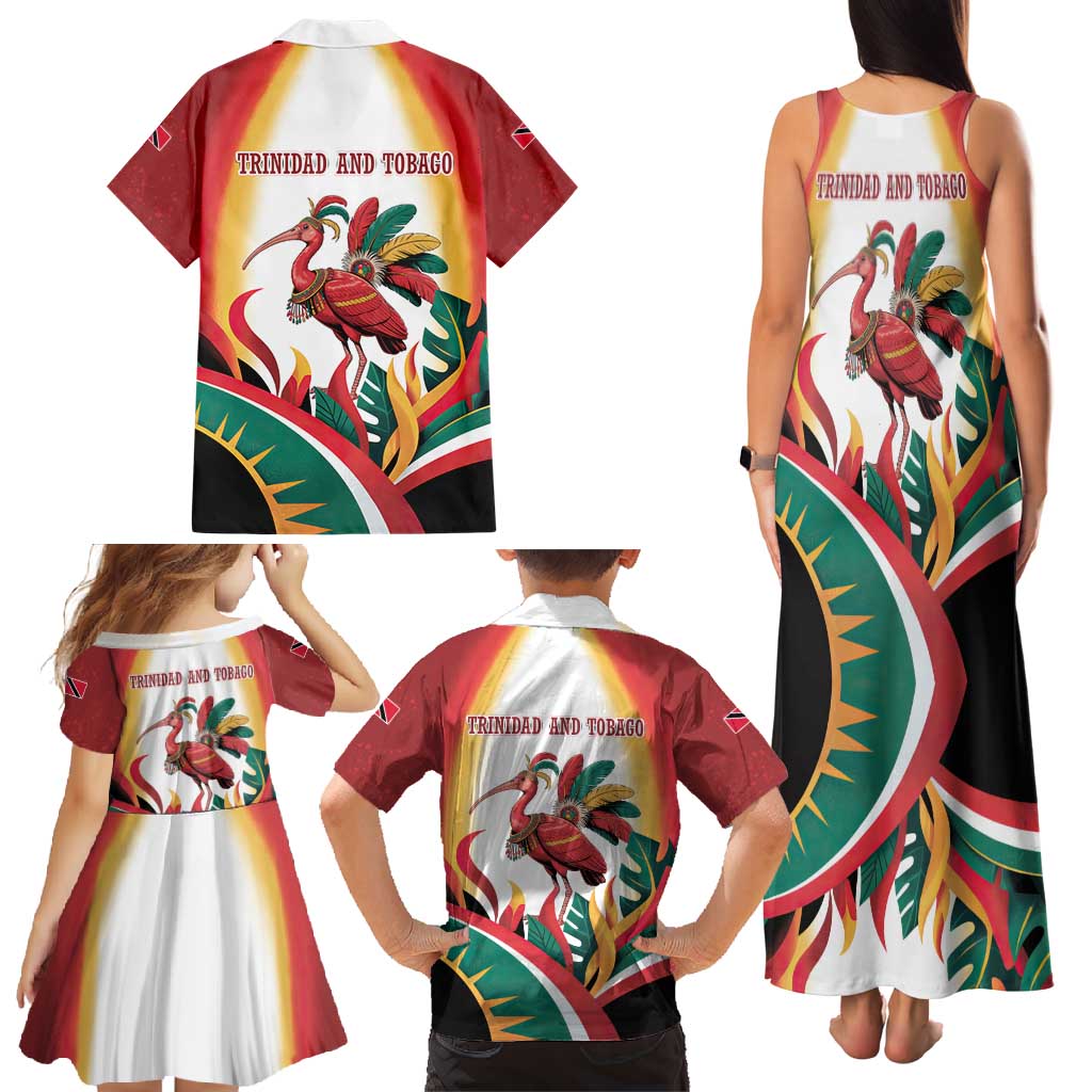 Trinidad and Tobago Scarlet Ibis Family Matching Tank Maxi Dress and Hawaiian Shirt with Tropical Leaves and National Flag Design TS04