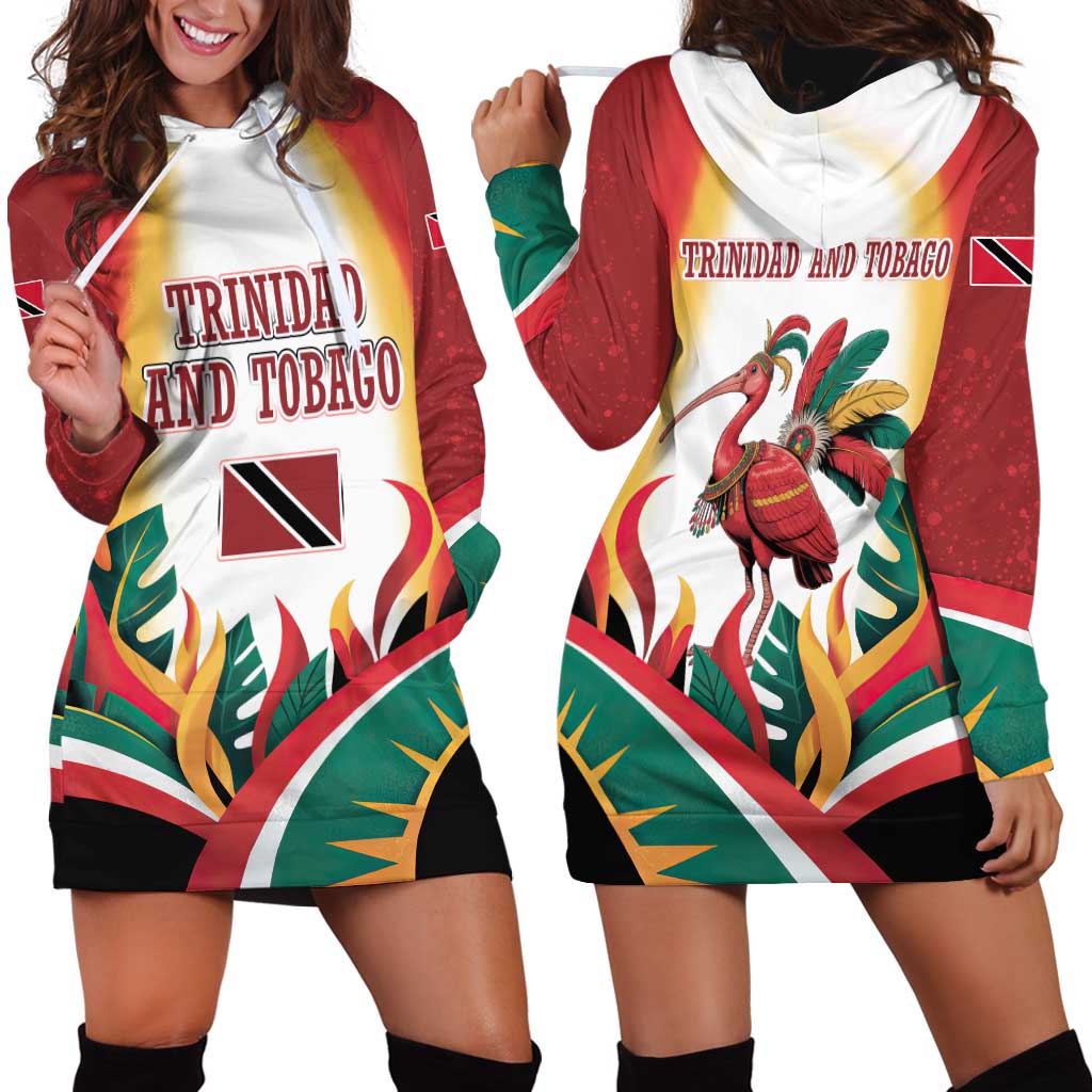 Trinidad and Tobago Scarlet Ibis Hoodie Dress with Tropical Leaves and National Flag Design TS04