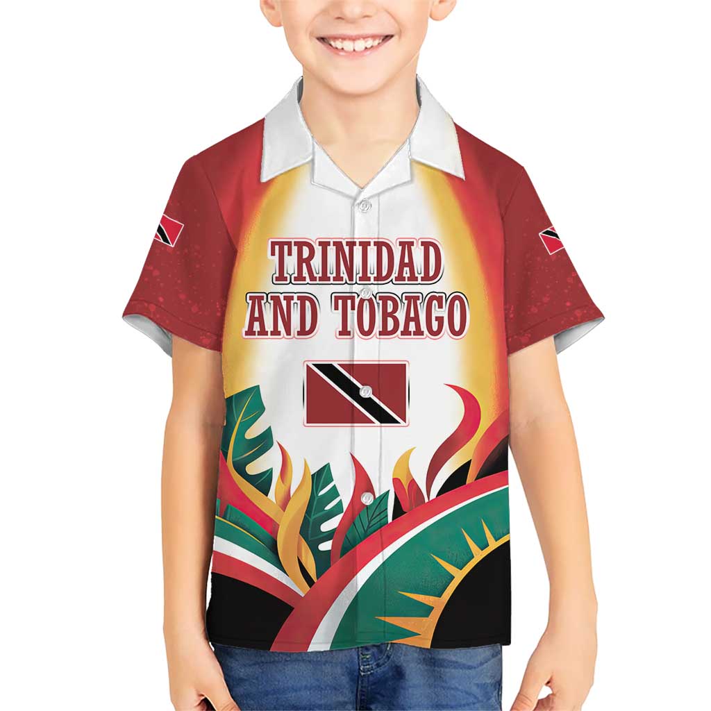 Trinidad and Tobago Scarlet Ibis Kid Hawaiian Shirt with Tropical Leaves and National Flag Design TS04