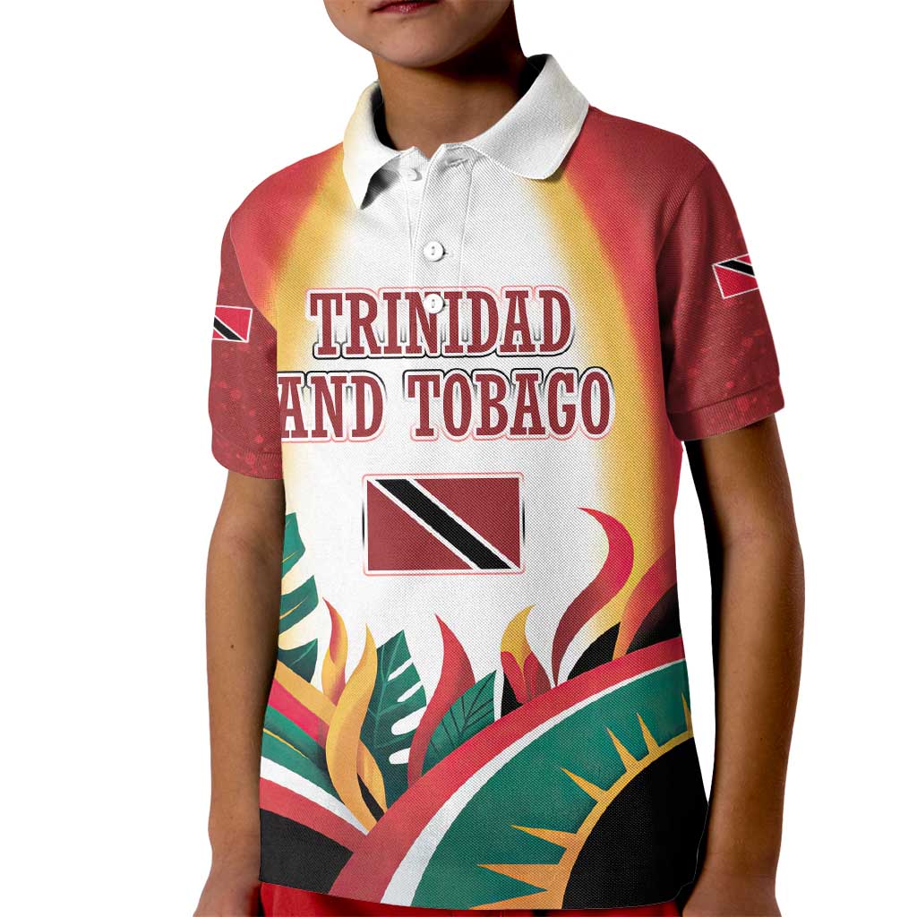 Trinidad and Tobago Scarlet Ibis Kid Polo Shirt with Tropical Leaves and National Flag Design TS04