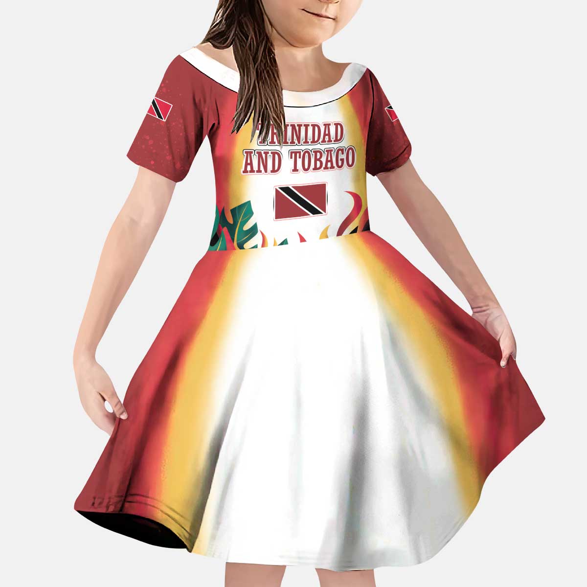 Trinidad and Tobago Scarlet Ibis Kid Short Sleeve Dress with Tropical Leaves and National Flag Design TS04