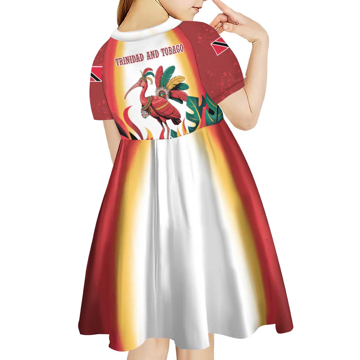Trinidad and Tobago Scarlet Ibis Kid Short Sleeve Dress with Tropical Leaves and National Flag Design TS04