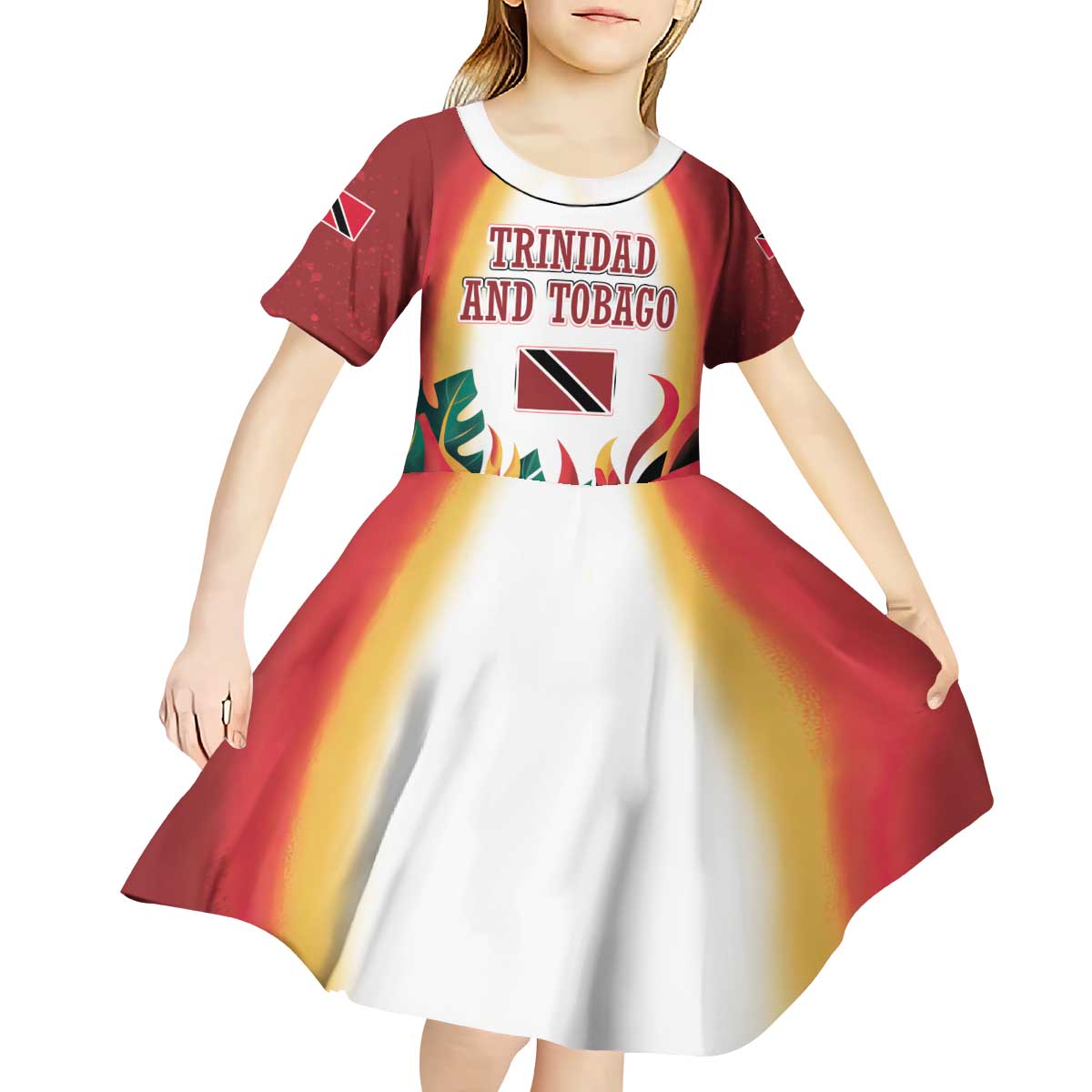Trinidad and Tobago Scarlet Ibis Kid Short Sleeve Dress with Tropical Leaves and National Flag Design TS04