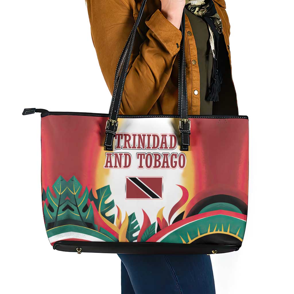 Trinidad and Tobago Scarlet Ibis Leather Tote Bag with Tropical Leaves and National Flag Design TS04